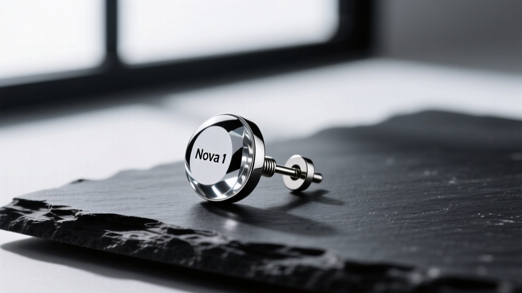 Macro shot of a sleek Nova H1 audio earring resting on dark slate, highlighting its polished polycarbonate shell and titanium post