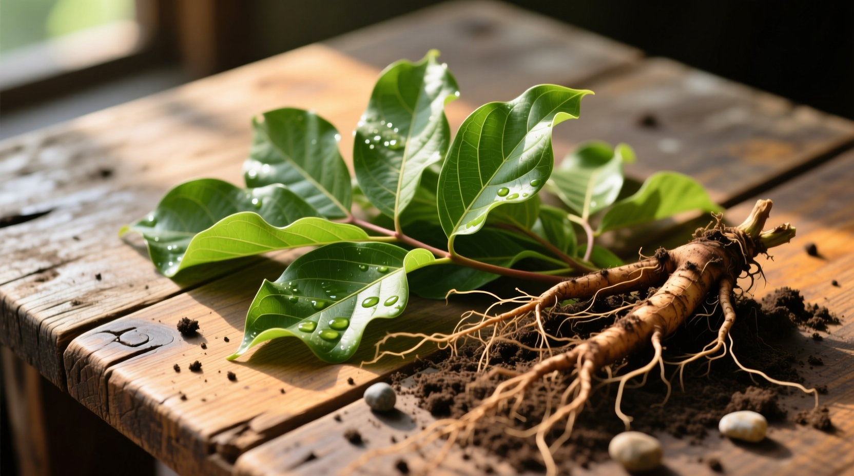 Fresh sassafras leaves and roots on rustic wooden surface