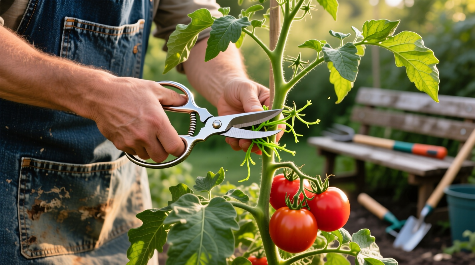 Gardener trimming tomato plant suckers with clean shears