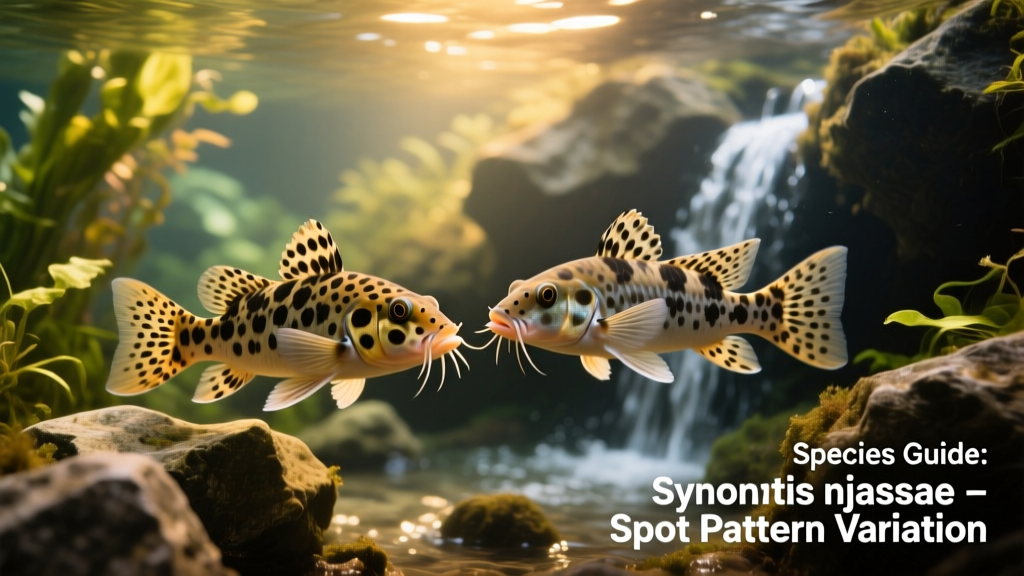 Synodontis njassae swimming near rocky aquascape with visible variation in spot patterns between two individuals