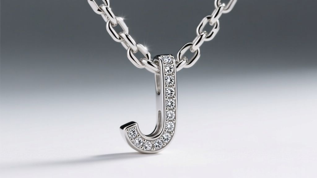 Macro shot of a sterling silver box chain through a diamond J pendant bail, showing interlocking square links under bright light.