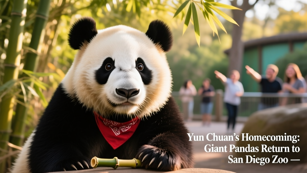 Close-up portrait of Yun Chuan, a young male giant panda, looking curiously at the camera