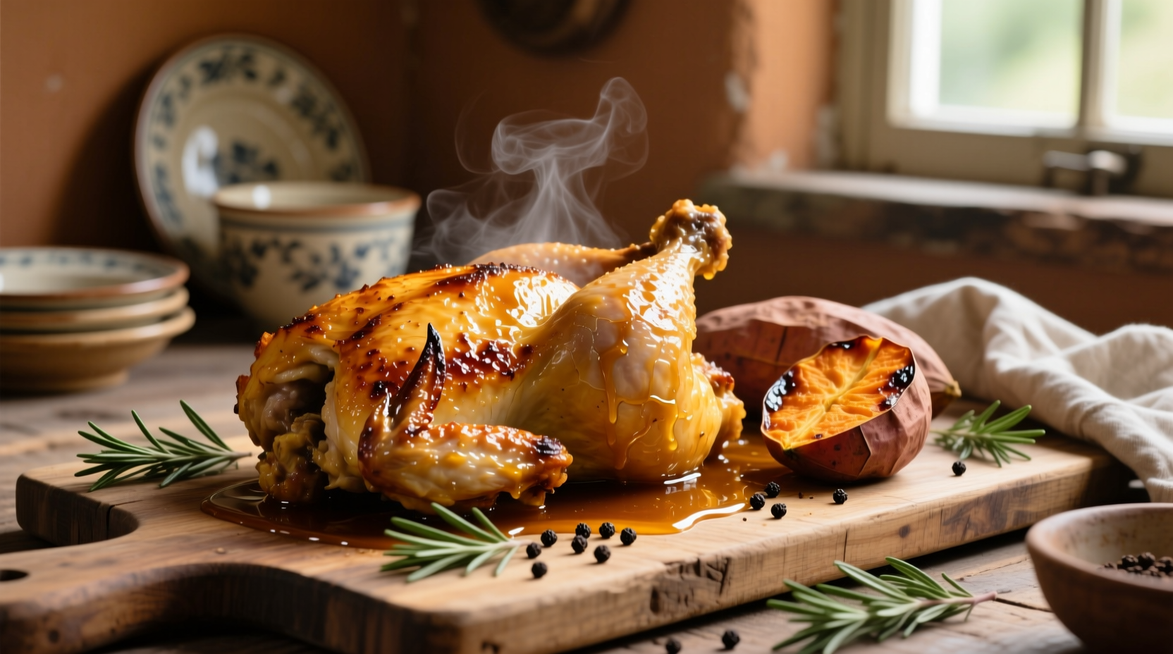Golden roasted chicken thighs with caramelized sweet potatoes