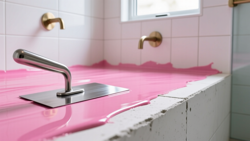 Close-up of a trowel spreading bright pink liquid waterproofing membrane over cement backer board seams in a modern bathroom shower enclosure