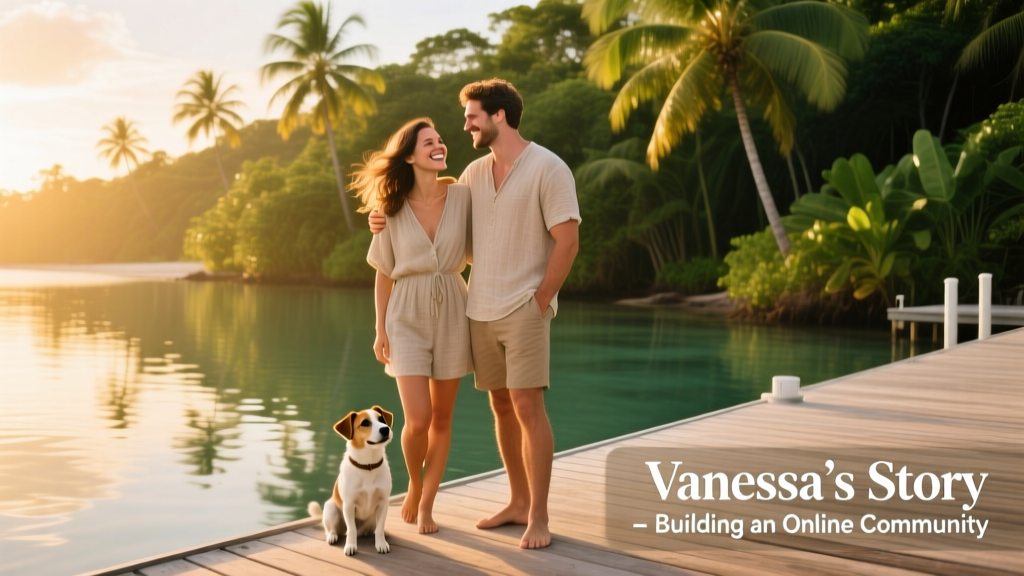 Vanessa smiling on a tropical dock with her partner Ian, surrounded by lush greenery and calm water