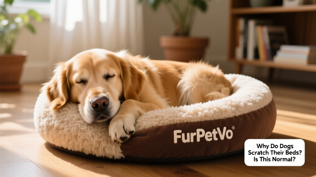 A dog nestling into a plush, donut-shaped FurPetVo dog bed with shaggy fabric