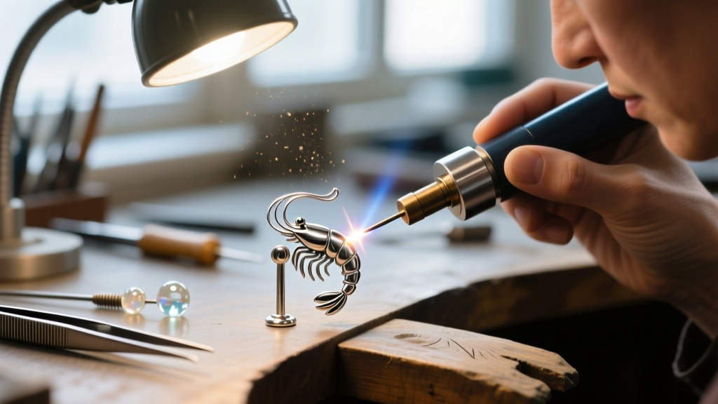 Jeweler workbench showing a laser welder repairing a vintage shrimp earring with a new hypoallergenic titanium post in soft focus