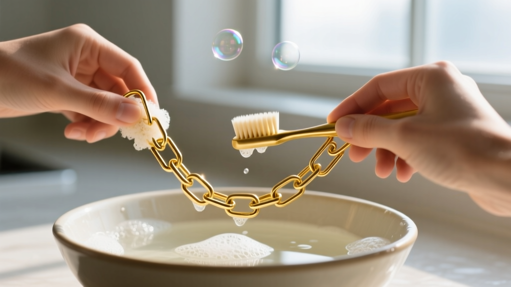 Hands scrubbing a thick gold paperclip chain with a soft toothbrush in a bowl of soapy water under bright natural window light.