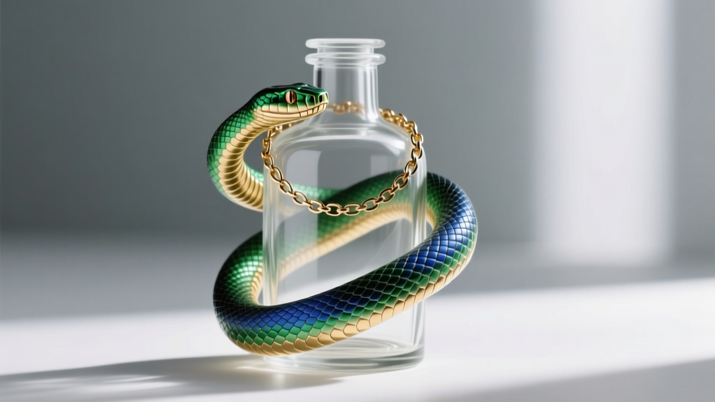 Poseable snake necklace wrapped in a spiral around a glass bottle, demonstrating its flexible internal armature core.
