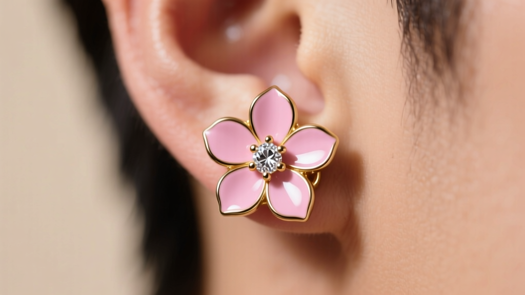 Macro shot of a pastel pink enamel flower earring with pavé diamonds on a male lobe, studio lighting highlighting the glossy finish