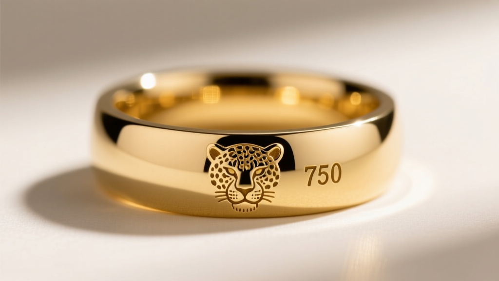 Macro shot of an 18k yellow gold ring shank showing a crisp leopard head hallmark and 750 stamp under a bright jeweler