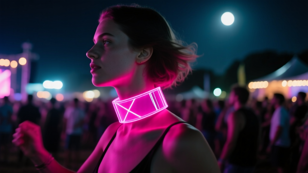 Festival-goer wearing a UV-reactive fluorescent acrylic choker glowing bright pink under 365nm blacklight illumination at night.