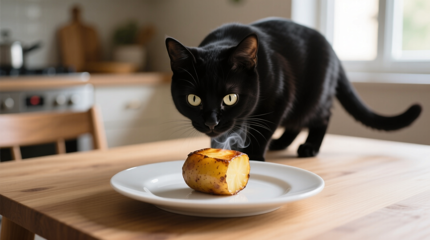 Cat cautiously sniffing cooked potato cube on white plate