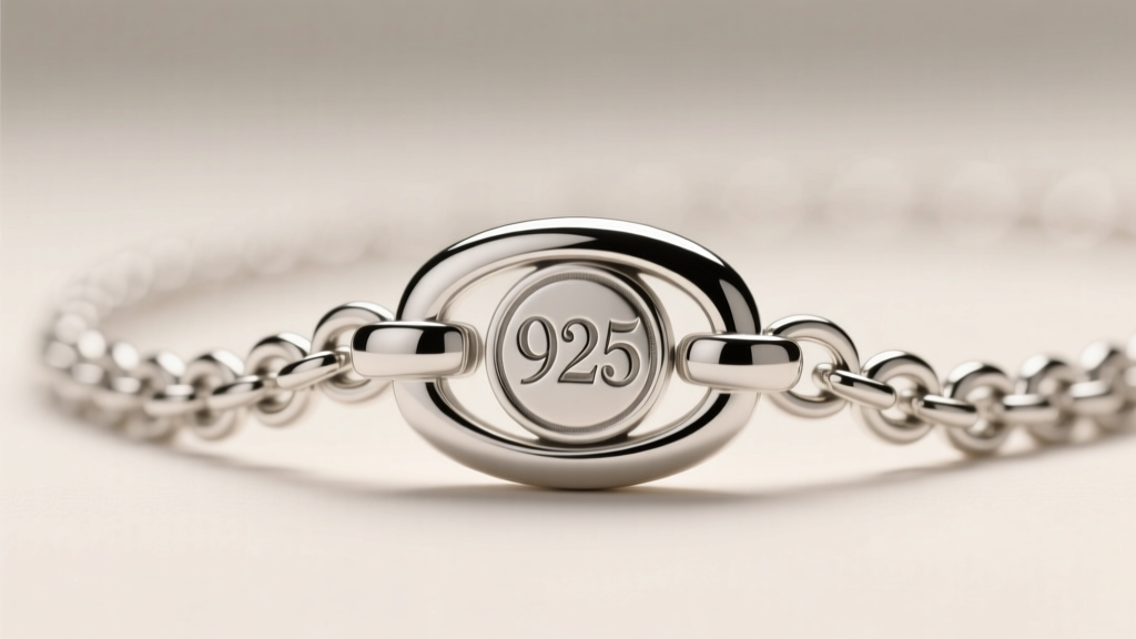 Macro photography of a sterling silver chain necklace clasp showing a deeply engraved 925 hallmark stamp under soft studio lighting.