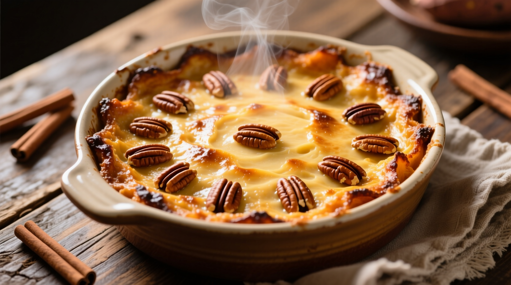 Golden sweet potato casserole with crunchy pecan topping