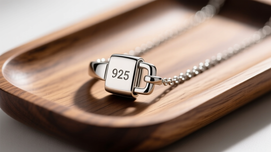 Close-up of a sterling silver necklace clasp stamped with a 925 hallmark, resting on a polished wooden jewelry display tray