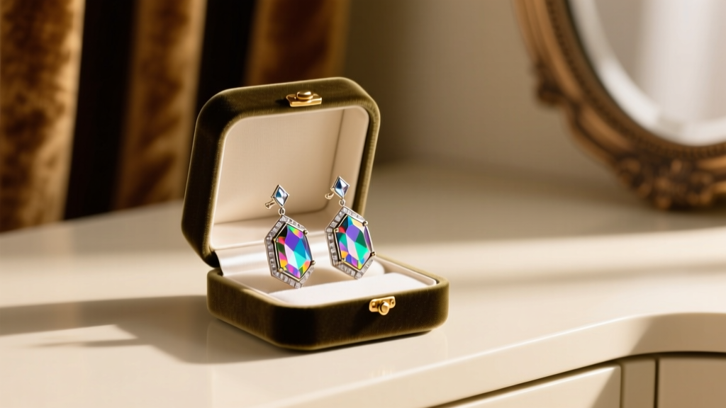 Velvet jewelry box revealing 1950s aurora borealis Austrian crystal drop earrings with rhodium-plated brass settings on a vanity.
