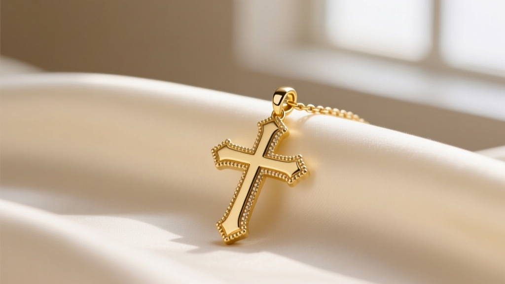 Close-up of a delicate 14k yellow gold pretty cross necklace on silk, highlighting milgrain detailing and a polished bail.