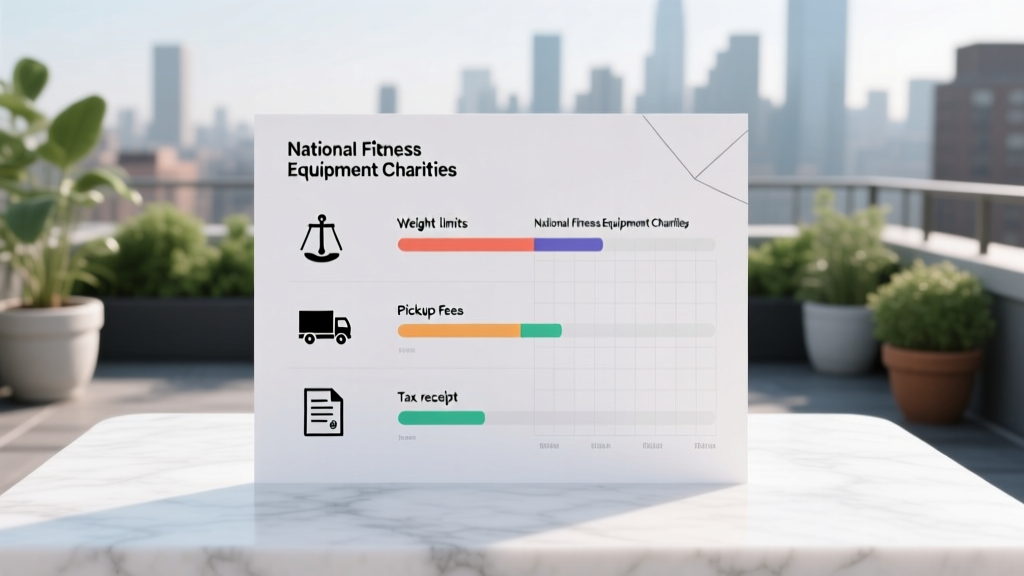 Comparison chart showing weight limits, pickup fees, and tax receipt policies for national fitness equipment charities.
