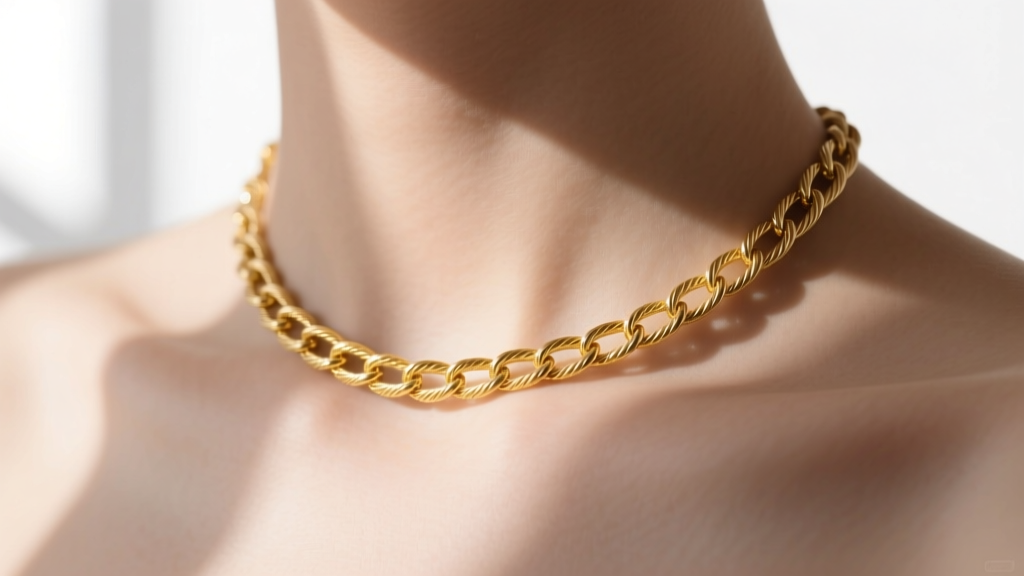 Close-up of a delicate 14k yellow gold cable chain choker resting on a collarbone, soft natural window lighting, minimalist aesthetic