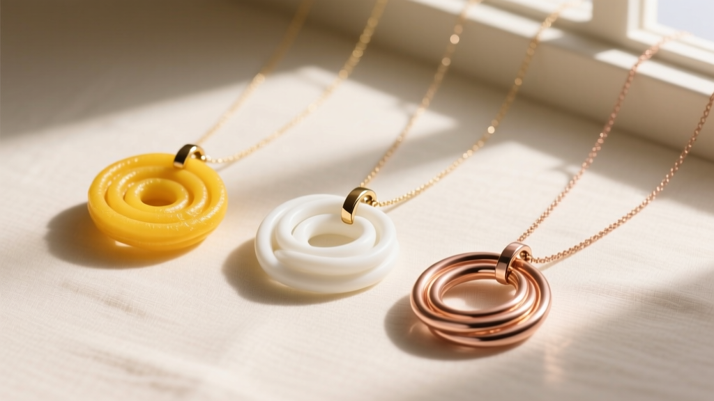 Flat lay of three modern jalebi pendant necklaces in yellow, white, and rose gold, showing varying swirl densities and accents.