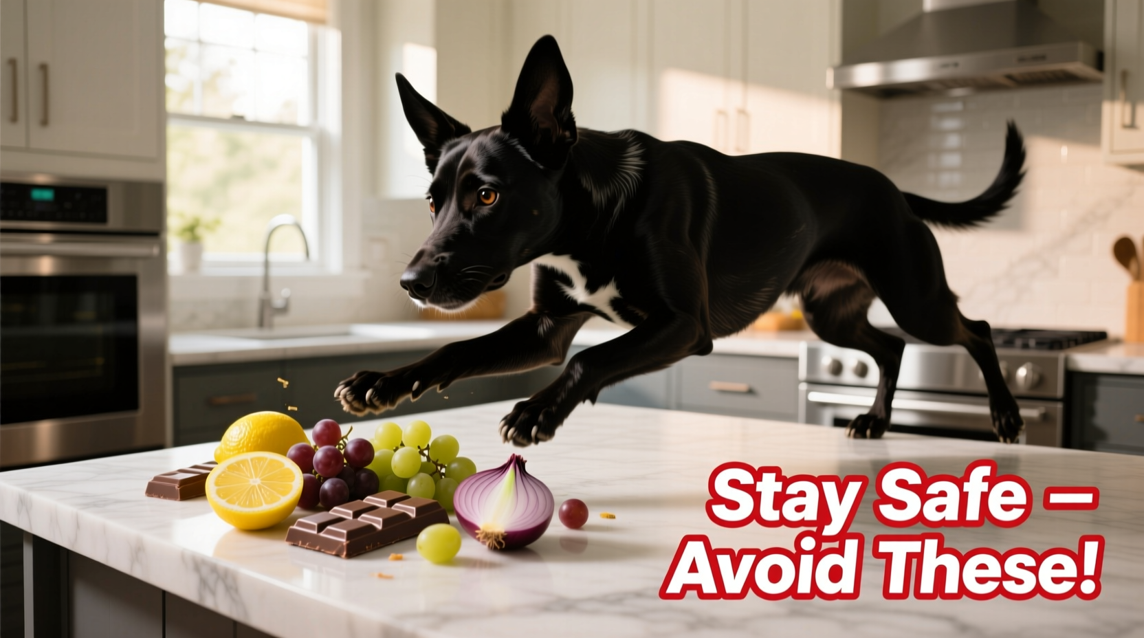 Dog avoiding toxic foods on kitchen counter