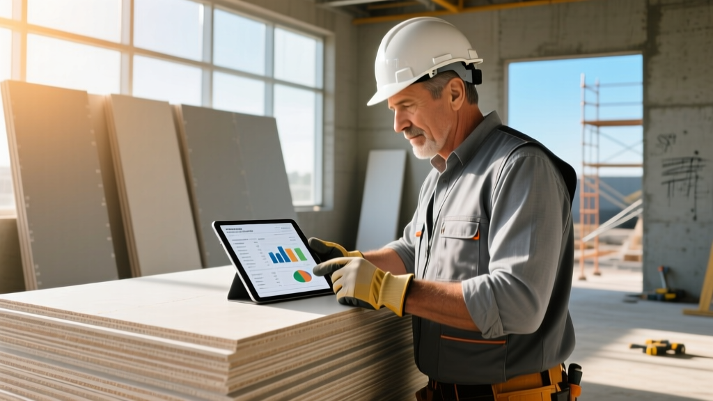 Contractor reviewing gypsum board specs and cost estimates on a tablet near stacked drywall sheets at a commercial job site