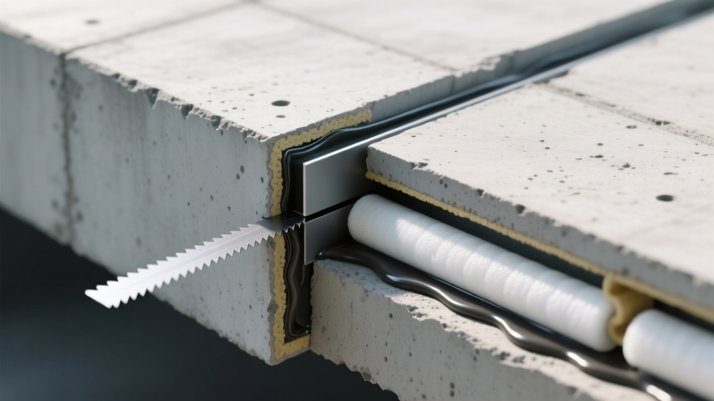 Cross-section diagram of a concrete slab showing a saw-cut control joint with sealant and a full-depth expansion joint with closed-cell backer rod