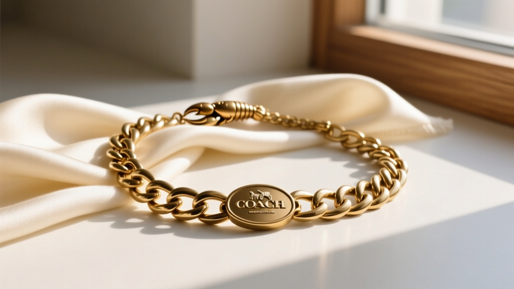 Flat lay of a vintage 1990s heavy brass Coach chain necklace with a lobster clasp resting on a cream silk scarf in natural sunlight