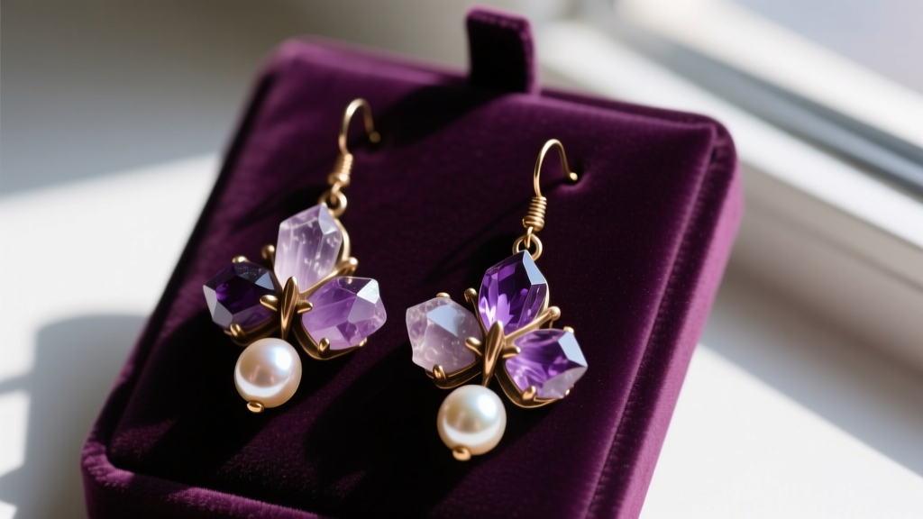 Close-up of vintage 1980s Holly Yashi bronze drop earrings featuring raw amethyst clusters and baroque pearls on a velvet display