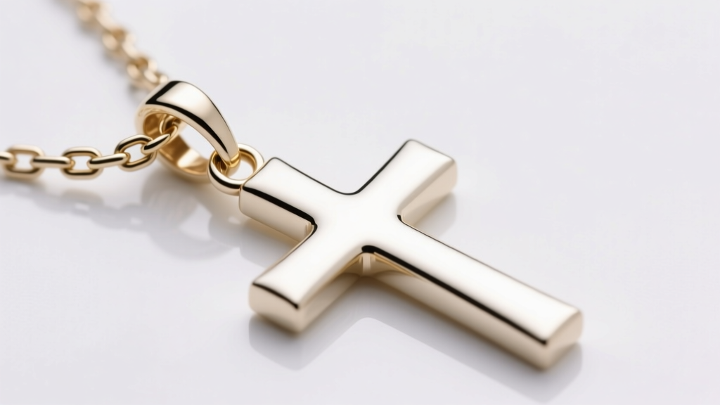 Dual-loop bail on a white gold sideways cross pendant, showing soldered jump rings and chain links, macro detail, studio lighting