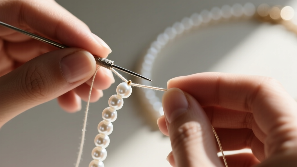 Hands using a beading awl to knot silk cord between white glass pearls during a fashion necklace restringing and repair process.