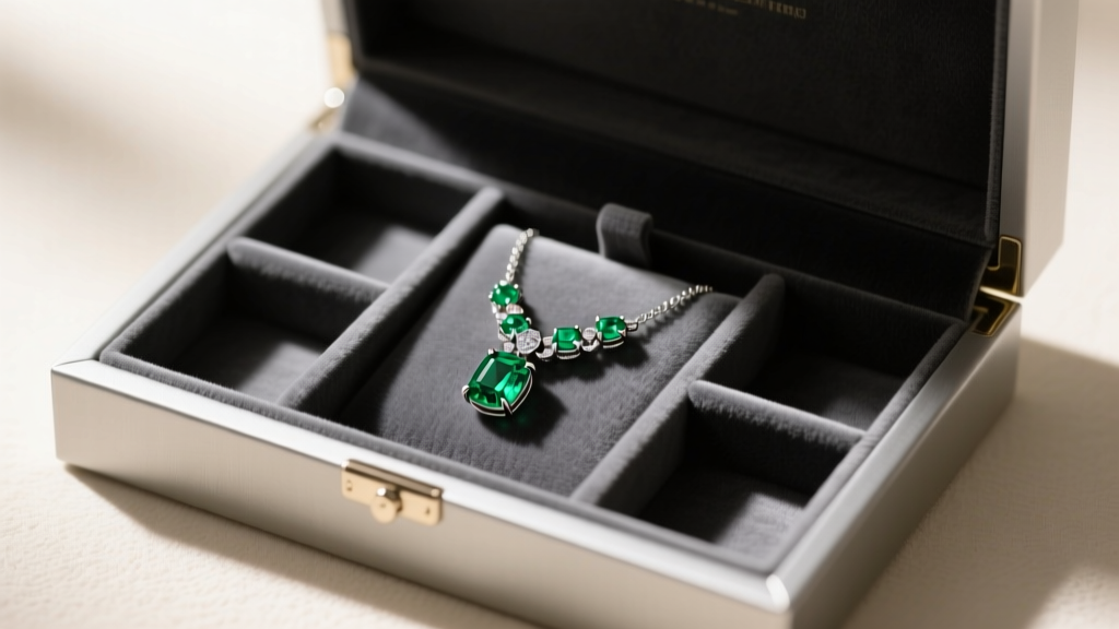 Open anti-tarnish jewelry box with velvet slots, storing a delicate bezel set emerald necklace safely away from direct sunlight.