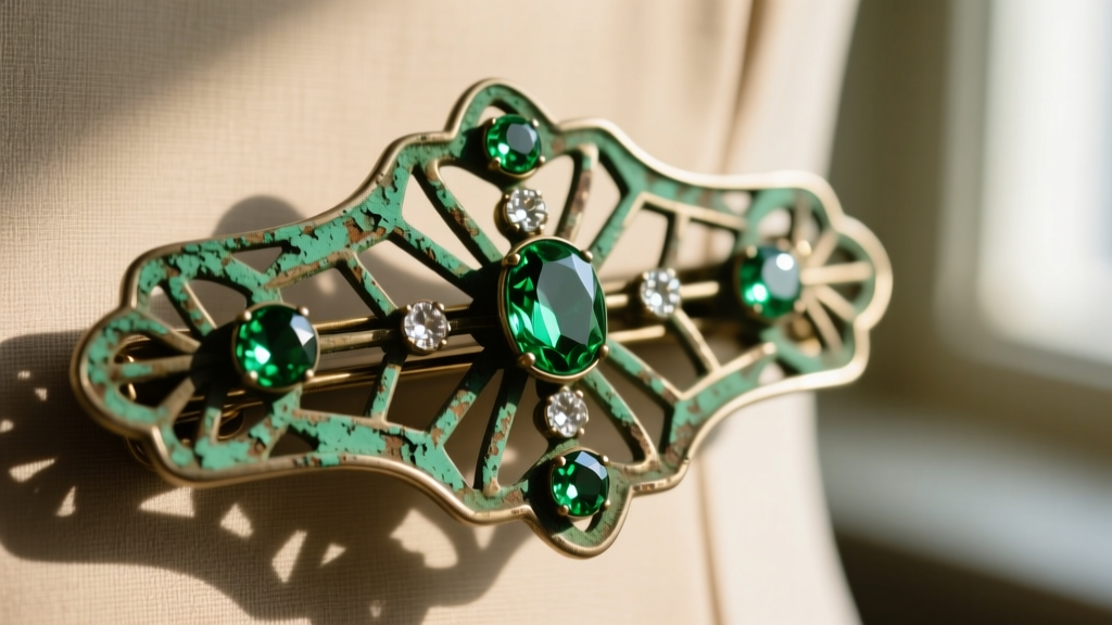 Macro shot of a tarnished 1930s Art Deco pot metal dress clip showing green verdigris corrosion near the glass rhinestone settings