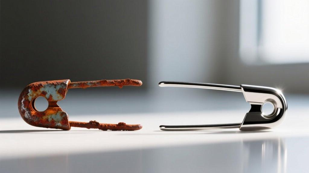 Macro photo comparing a rusted alloy craft pin on the left to a pristine mirror-finish 316L stainless steel safety pin on right.