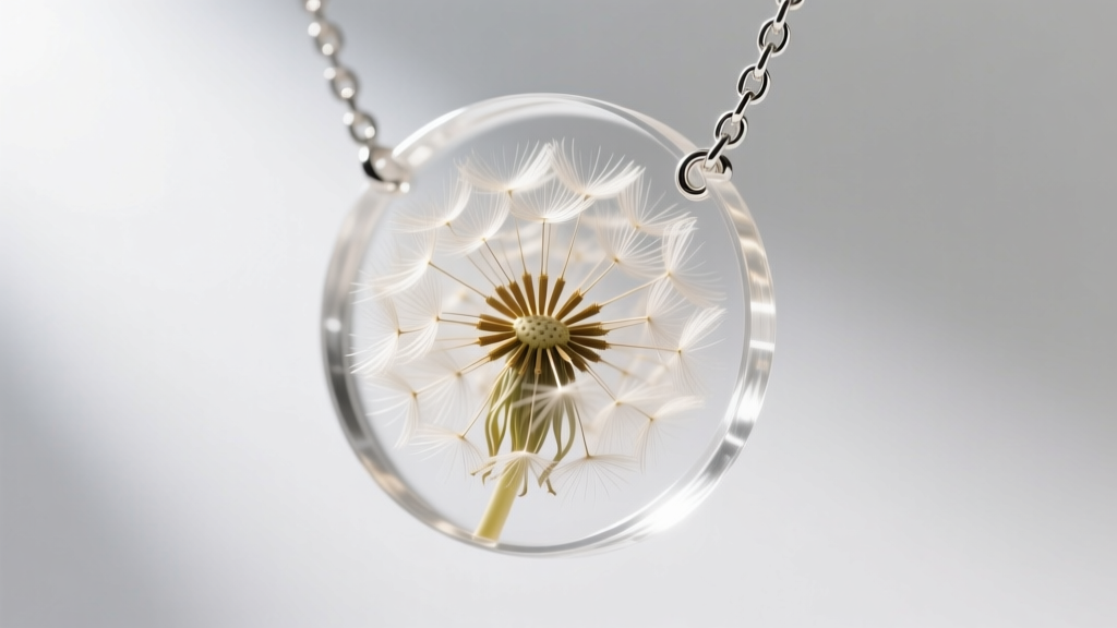 Close-up of a real dandelion seed head suspended in clear epoxy resin on a delicate sterling silver chain in soft light.