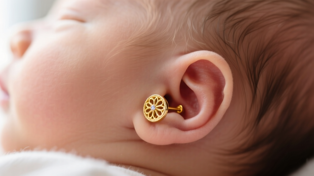 Macro shot of a tiny 18k yellow gold bezel-set stud earring resting gently on the soft, healed lobe of a sleeping infant.