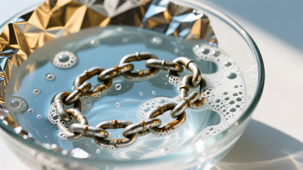Tarnished silver chain submerged in a glass bowl lined with aluminum foil, bubbling hot water, and baking soda mixture.