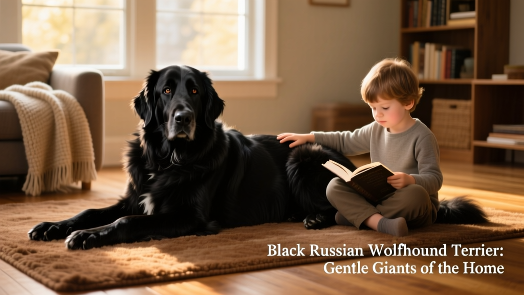 Black Russian Wolfhound Terrier resting peacefully beside a child reading on a living room rug
