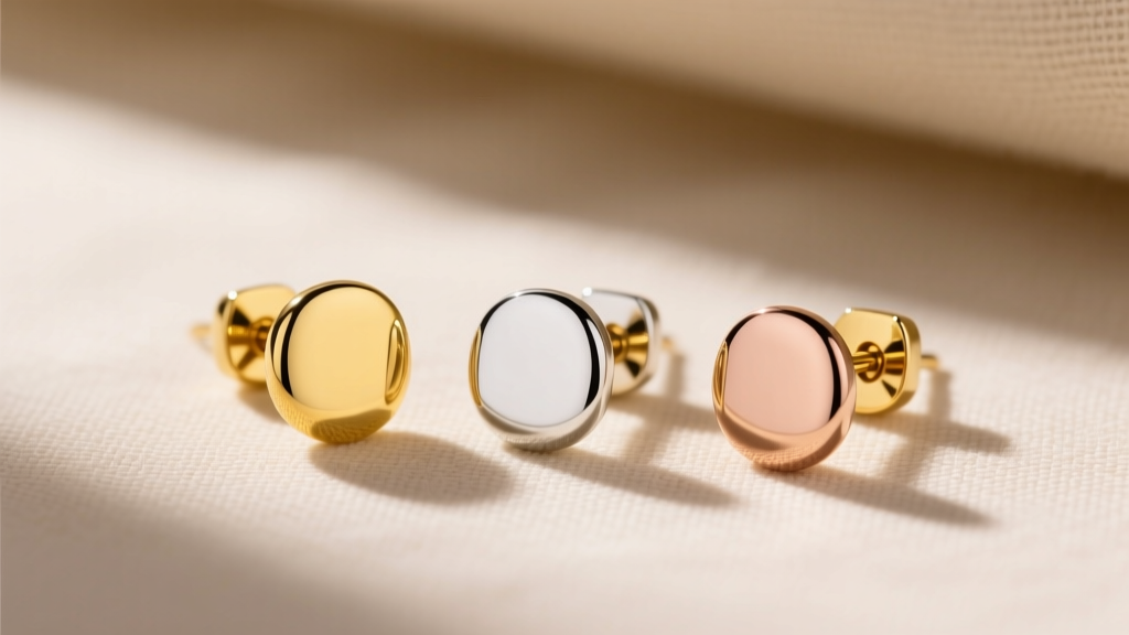 Close-up of three 14k gold stud earrings in yellow, white, and rose variations resting on a neutral beige linen cloth backdrop