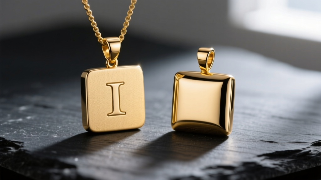 Macro shot comparing a matte brushed 14k gold square initial pendant next to a high-polish 18k gold square pendant on dark slate.