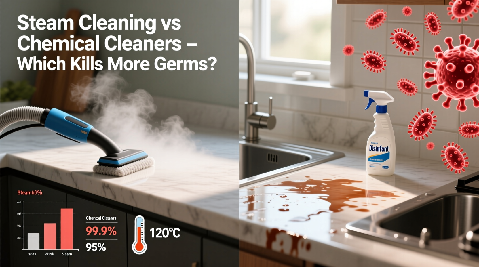 steam cleaning vs chemical cleaners which kills more germs on kitchen surfaces