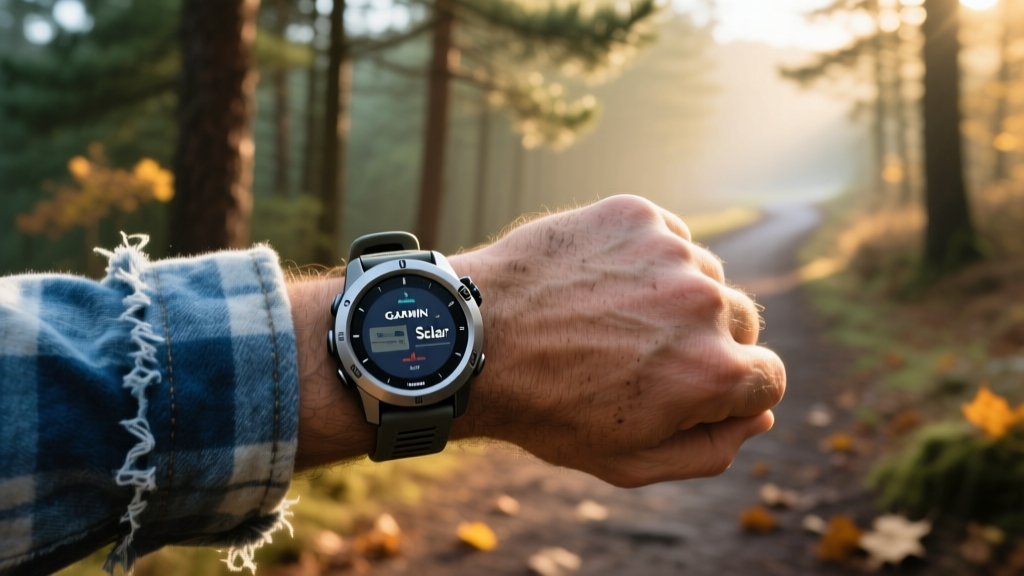 Garmin Instinct Solar smartwatch strapped to a wrist with a faded flannel shirt sleeve visible against a blurred forest hiking trail