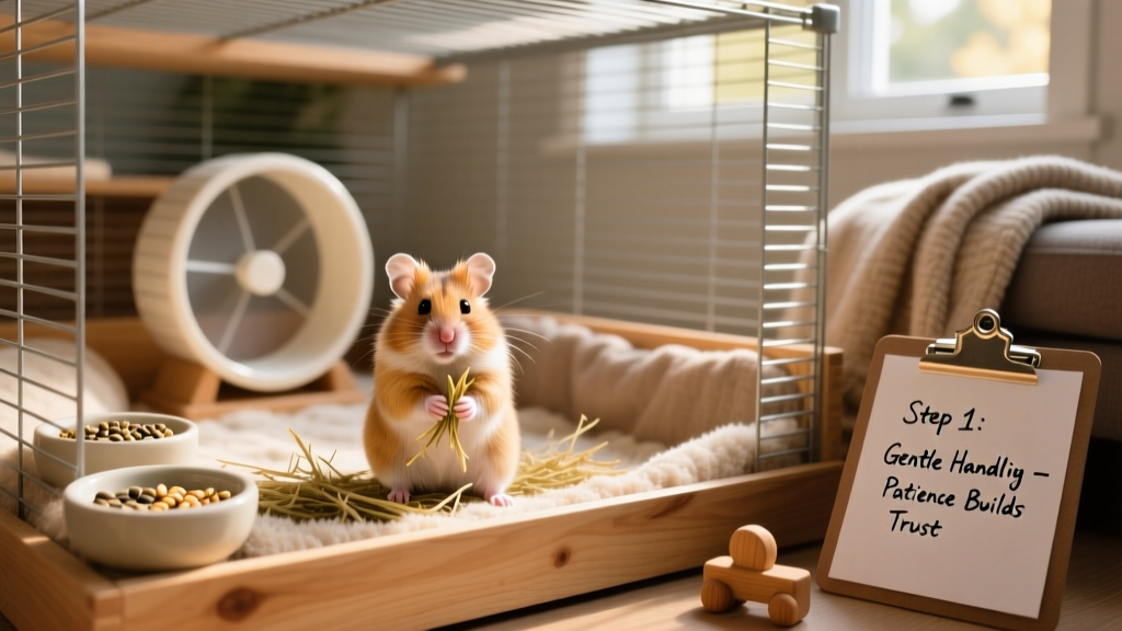 A calm, well-furnished hamster cage with nesting material, a wheel, and food dishes