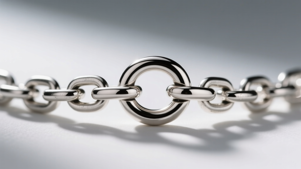Macro view of a 1.2mm sterling silver rolo chain and lobster clasp on a Sanrio necklace, focusing on the soldered jump ring joint.
