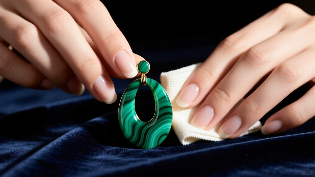 Close-up of hands gently wiping a large malachite statement earring with a dry microfiber cloth on a dark velvet jeweler's pad