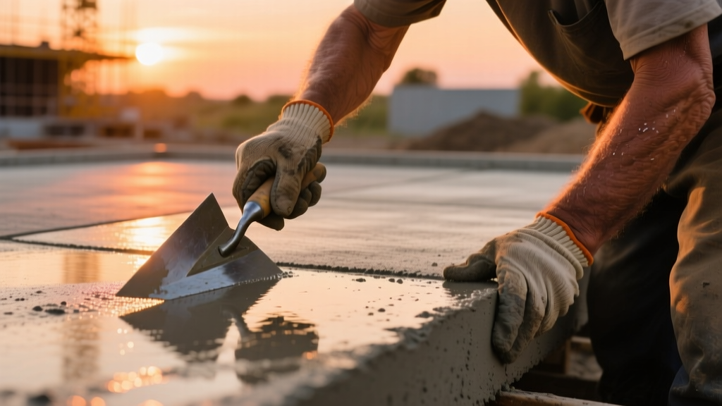Close-up of a concrete worker using a steel trowel to create a smooth burnished finish on a freshly poured patio slab at sunset.