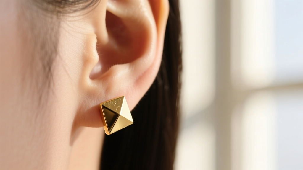 Close-up of an earlobe wearing an 8mm heavy gold vermeil geometric stud earring, highlighting the thick 2.5-micron plating finish