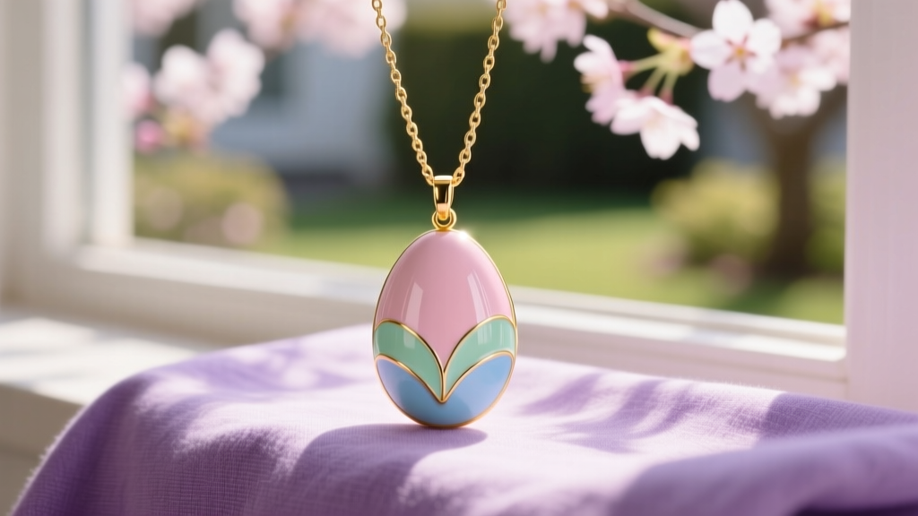 Pastel enameled egg pendant on a delicate gold vermeil chain, resting on soft lavender linen cloth in bright spring sunlight.