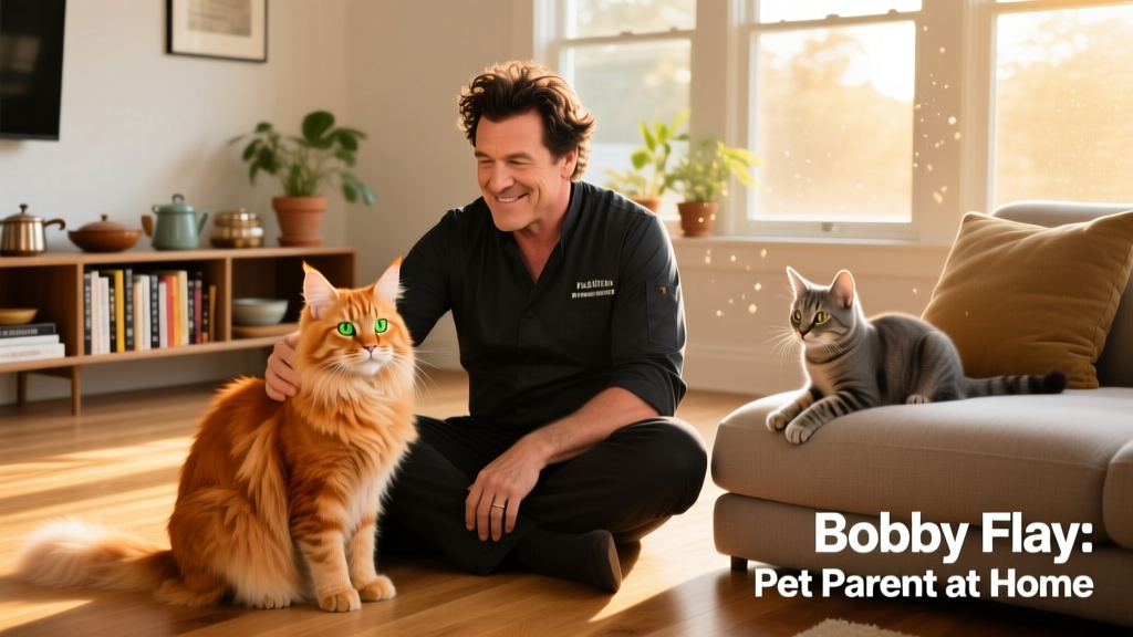 Bobby Flay sitting on a sunlit living room floor, gently petting Nacho, his orange Maine Coon, while Stella watches from a nearby cushion